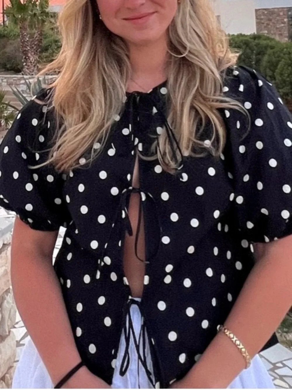 Abercrombie & Fitch Puff-Sleeve Tie-Front Polka Dot Blouse - Pink